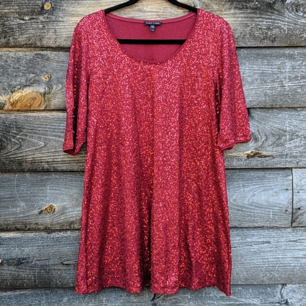 Eileen Fisher 100% Silk Red Sequin Swing Tunic